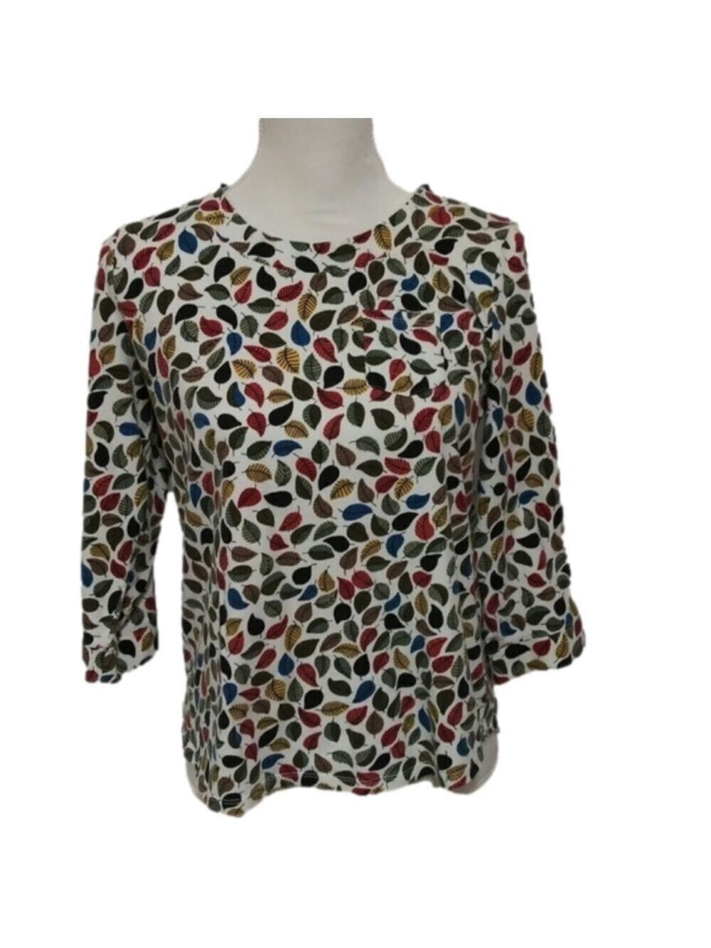 Talbots Petite Multicolor Leaf Pattern Scoop Neck Elbow Sleeve Pullover Fall Top